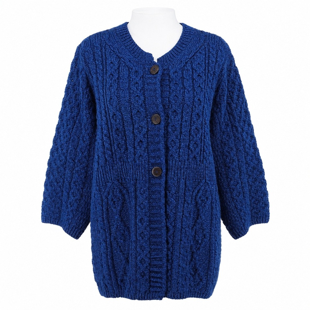 Vtg 90s Kilronan Merino Wool Aran Cable Knit Cardigan XL Ireland Blue Fisherman